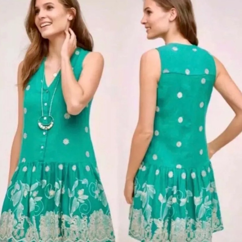 Anthro ( Maeve ) Pippa Green Embroidered Dress